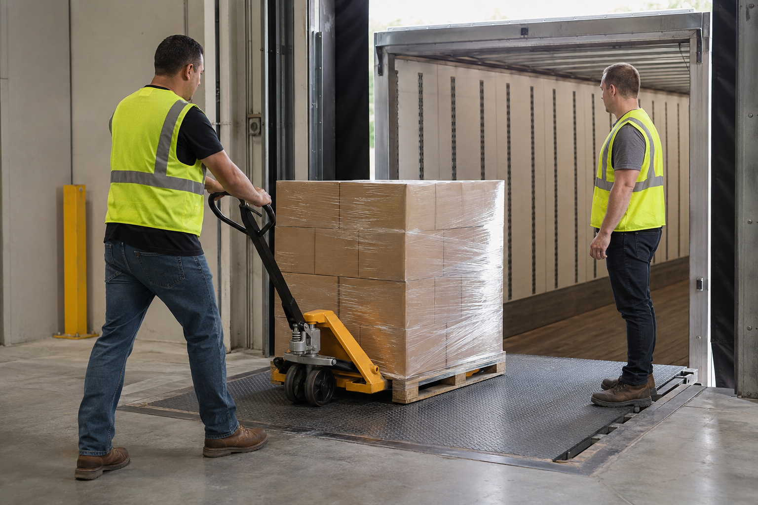 Two warehouse employees moving a wrapped pallet safely across a loading dock